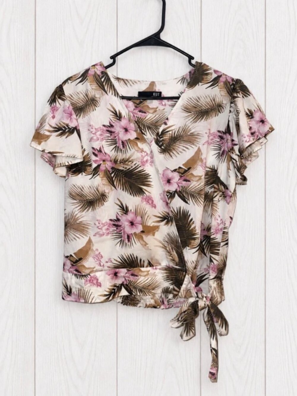 KUT from the Kloth Womens Floral Tropical V-Neck Tie Front Flutter Sleeve L